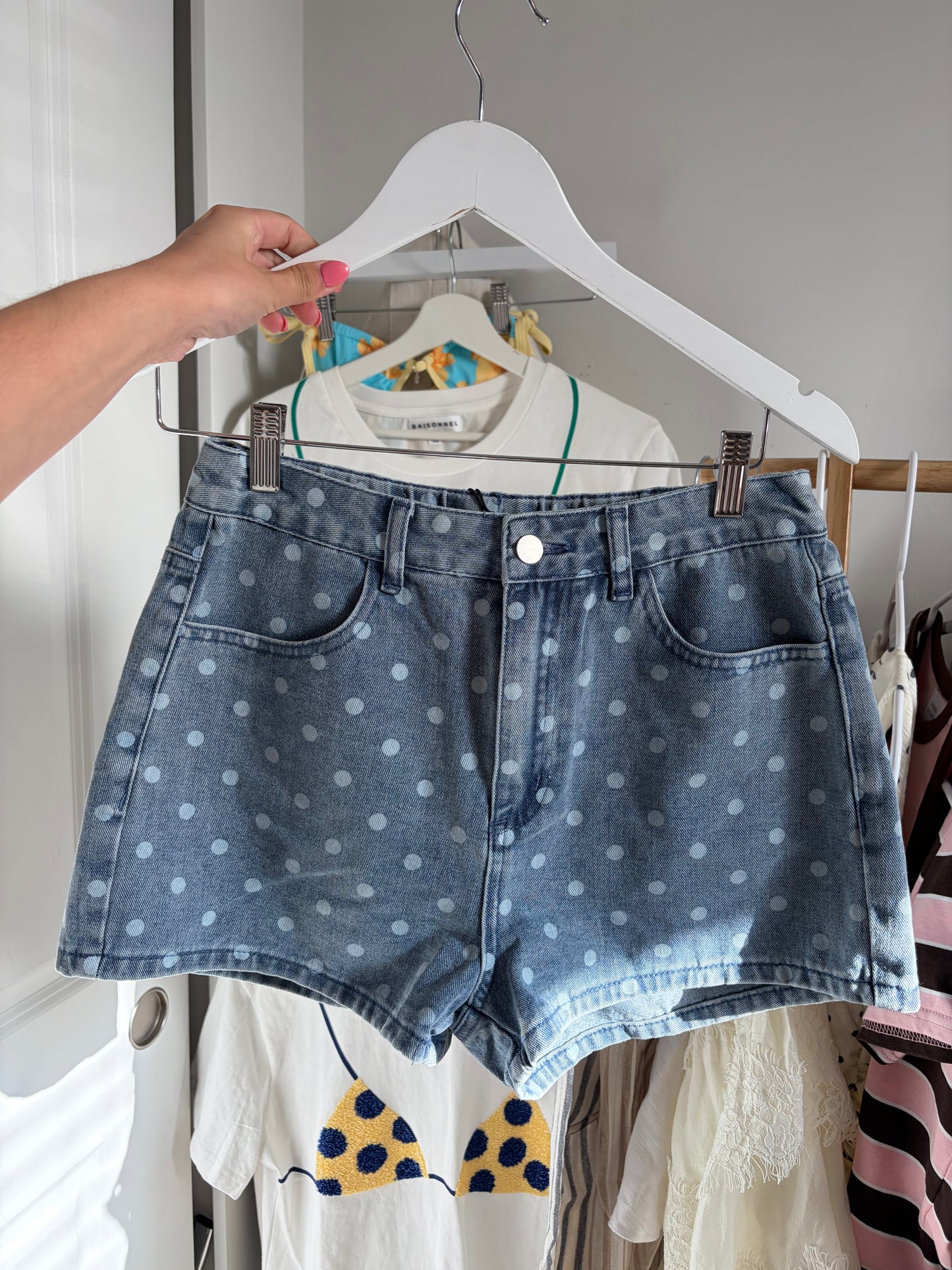 Polka dot denim shorts