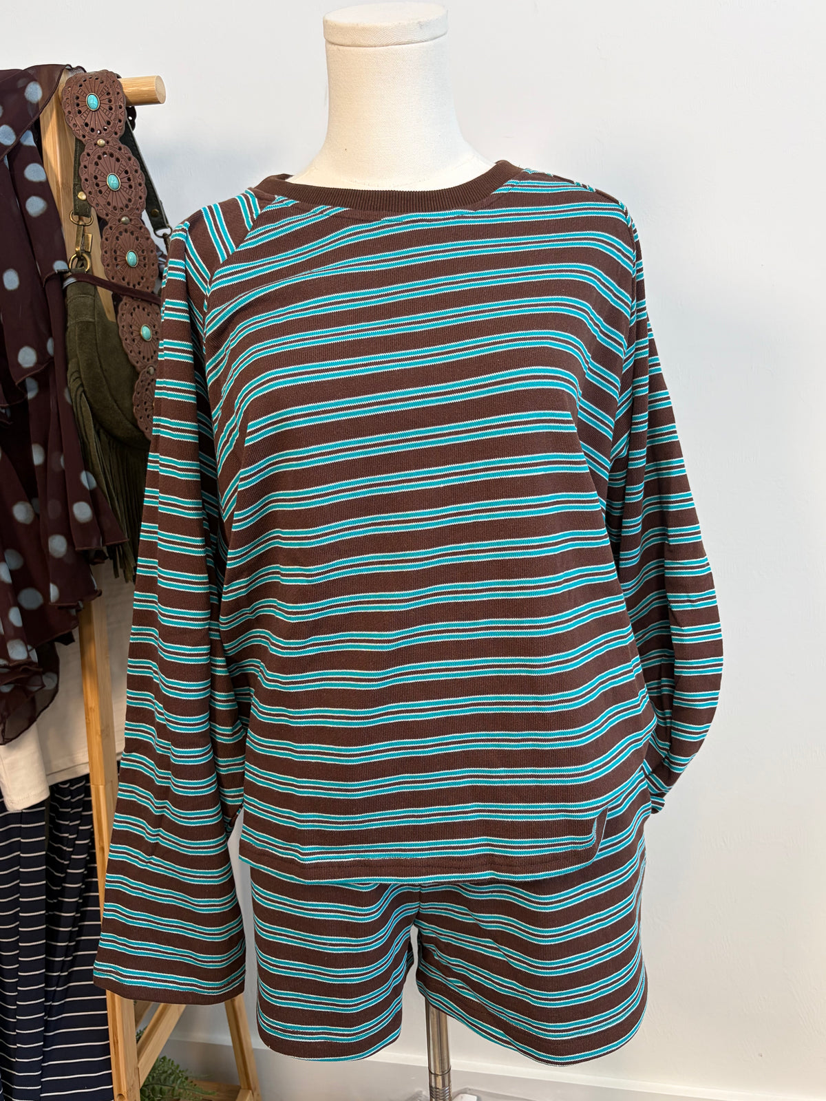 Teal/Brown Long sleeve short set
