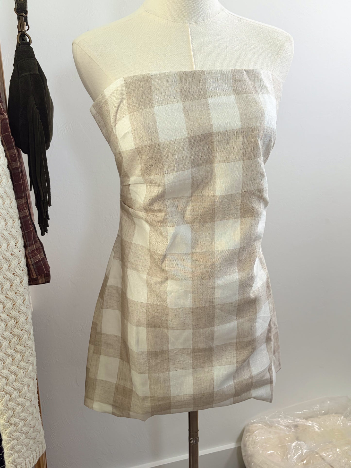 Taupe/white Linen Plaid Dress