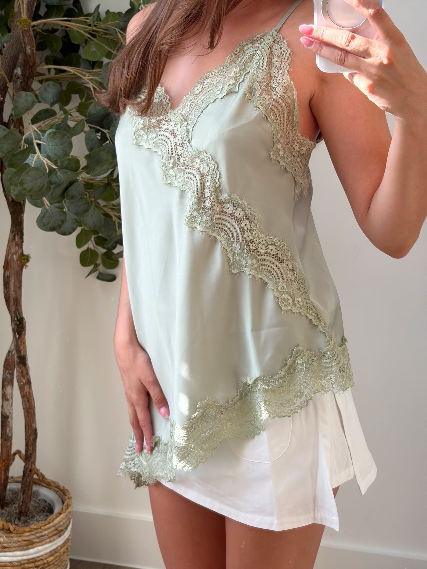 Sage Satin Lace Top
