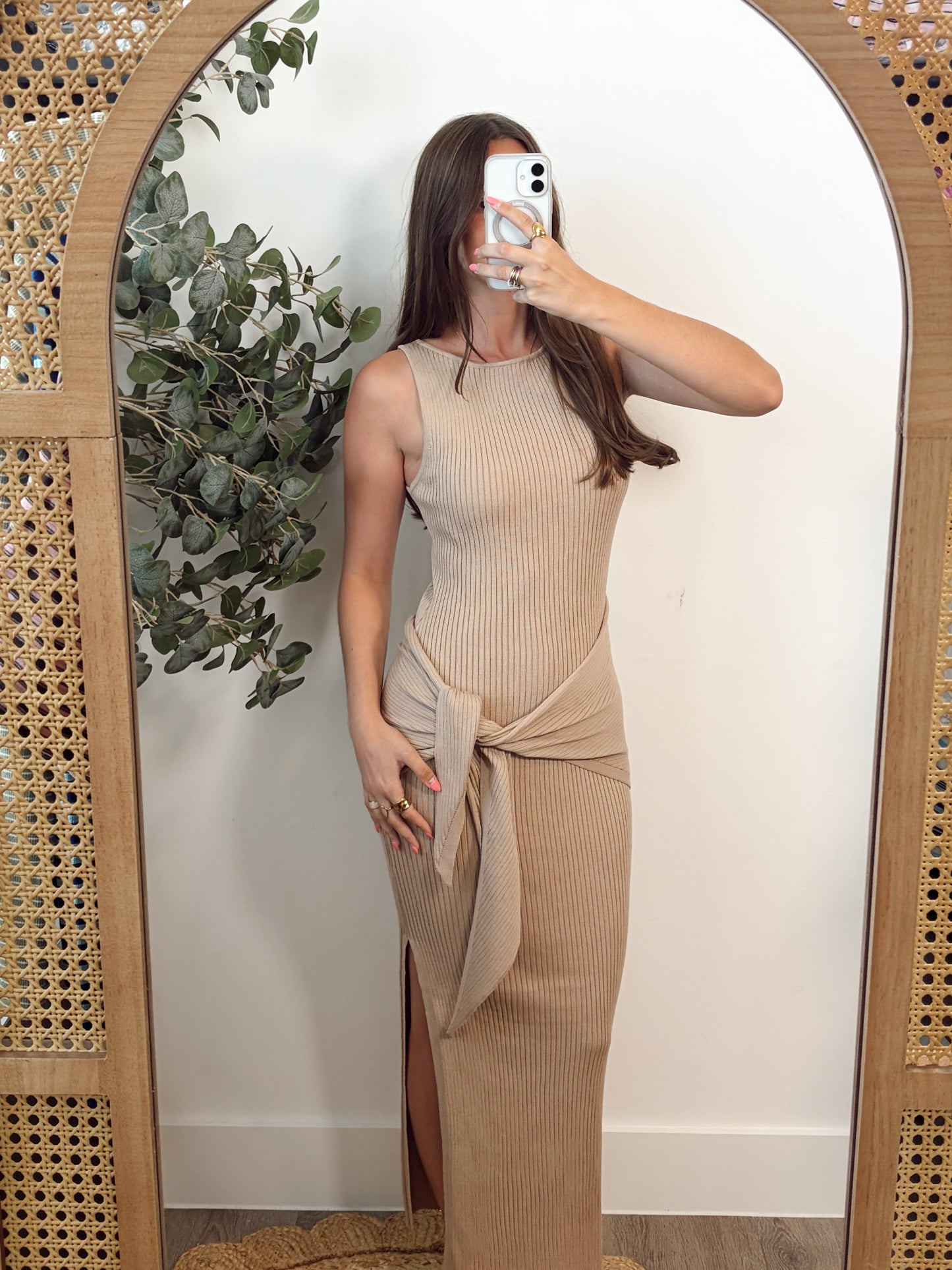Taupe Tie Waist Maxi Dress