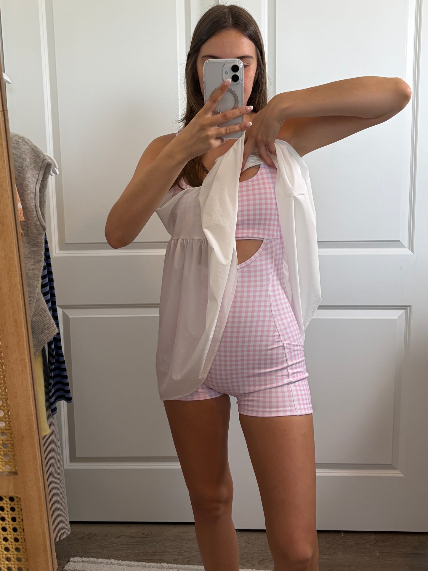 Pink Gingham Romper Dress