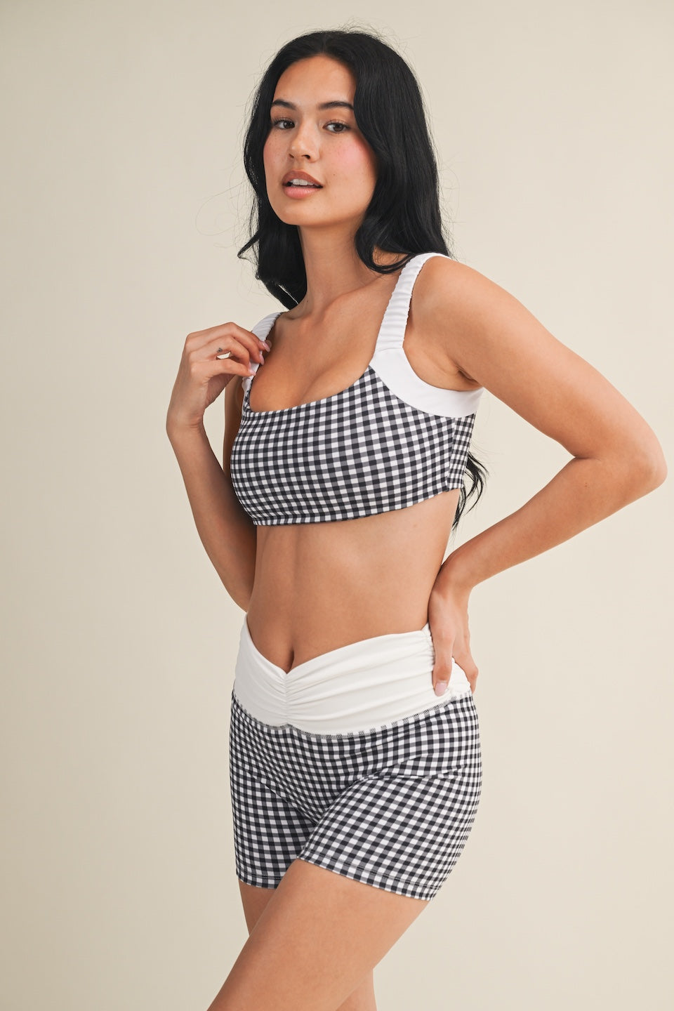 Black Gingham Ruched Set
