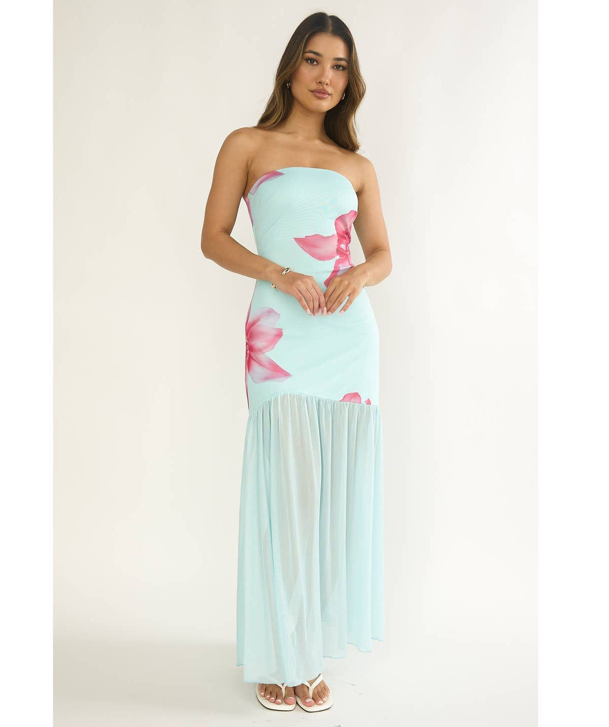 Teal/Pink Floral Mesh Maxi