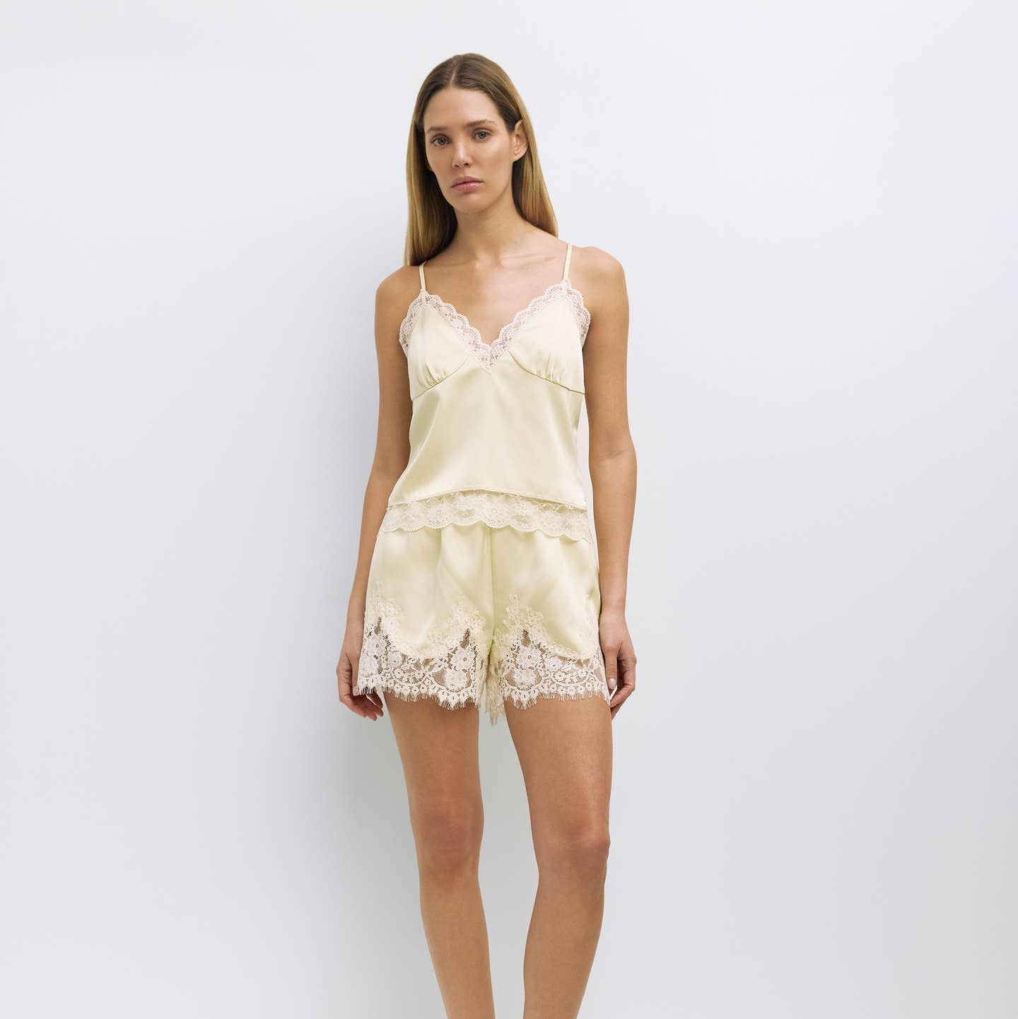 Yellow Satin Lace Short Set