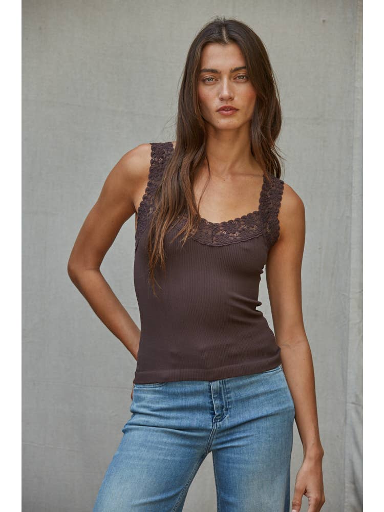 Coffee Seamless Lace Tank