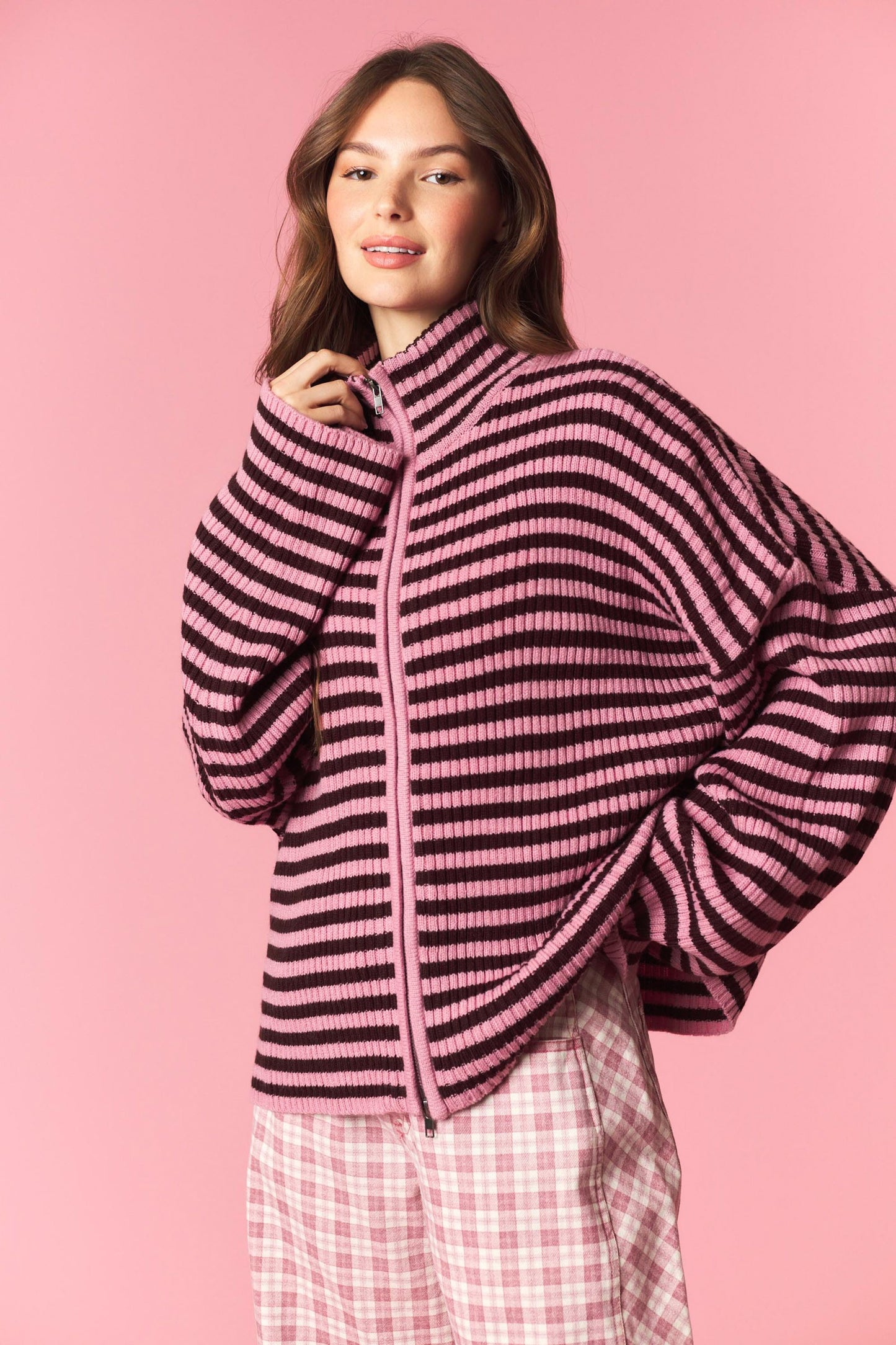Pink/brown Double Zipper