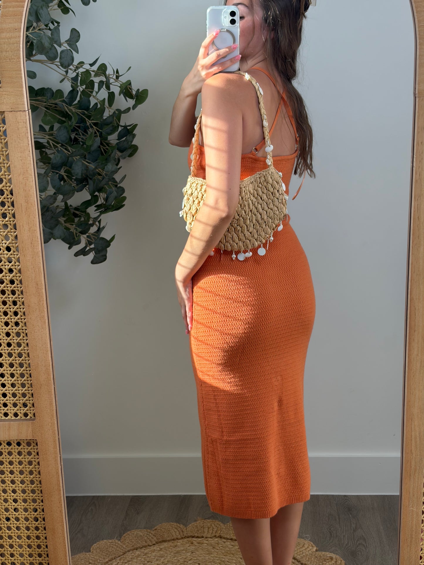 Burnt Orange Crochet Midi Dress