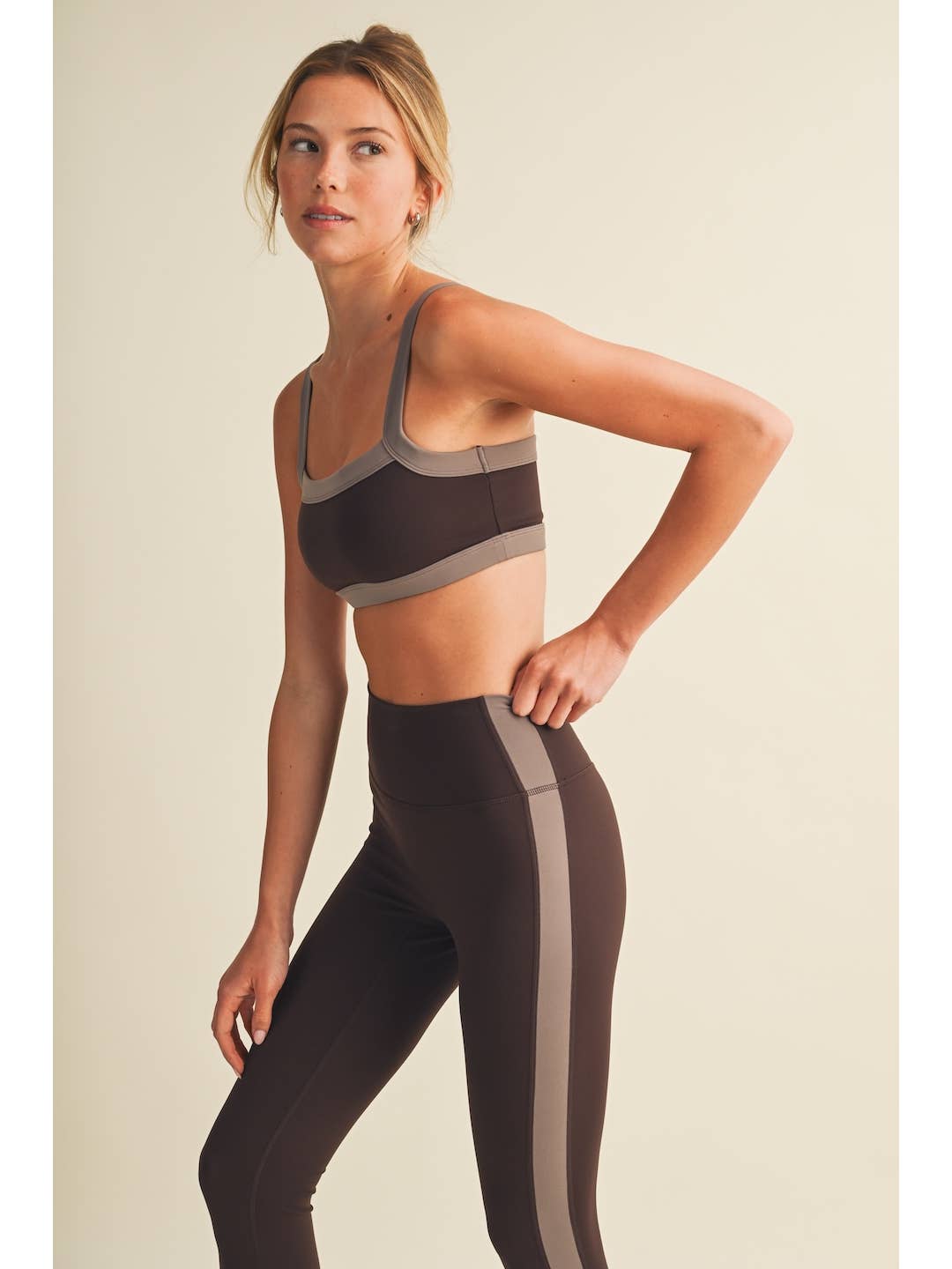 Brown Color Block Sports Bra Set