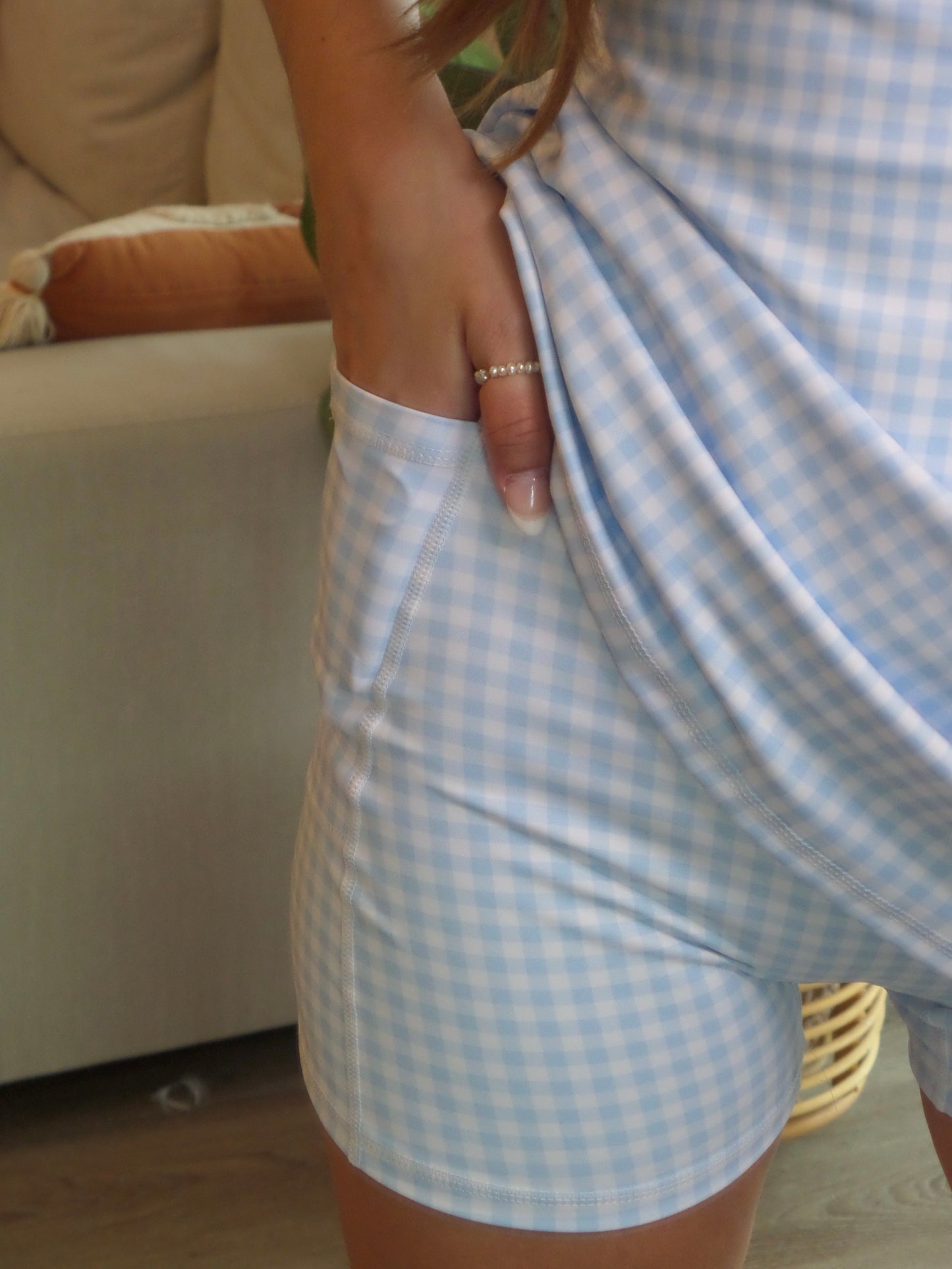 Light Blue Gingham Athletic Romper Dress