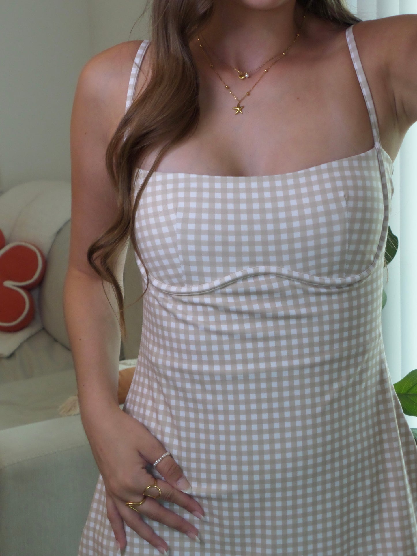 Neutral Gingham Athletic Romper Dress