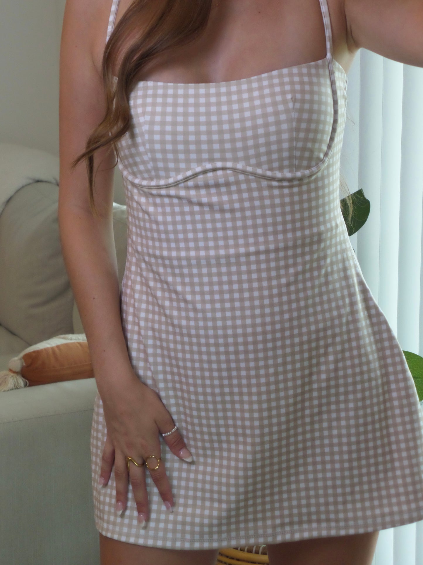 Neutral Gingham Athletic Romper Dress