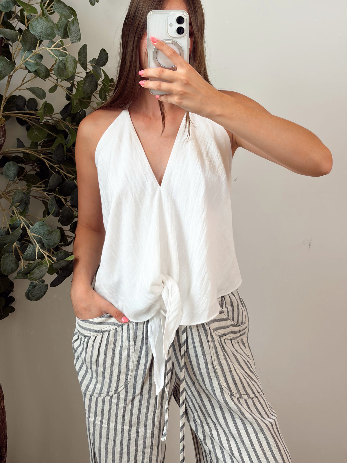White Linen Tie Top