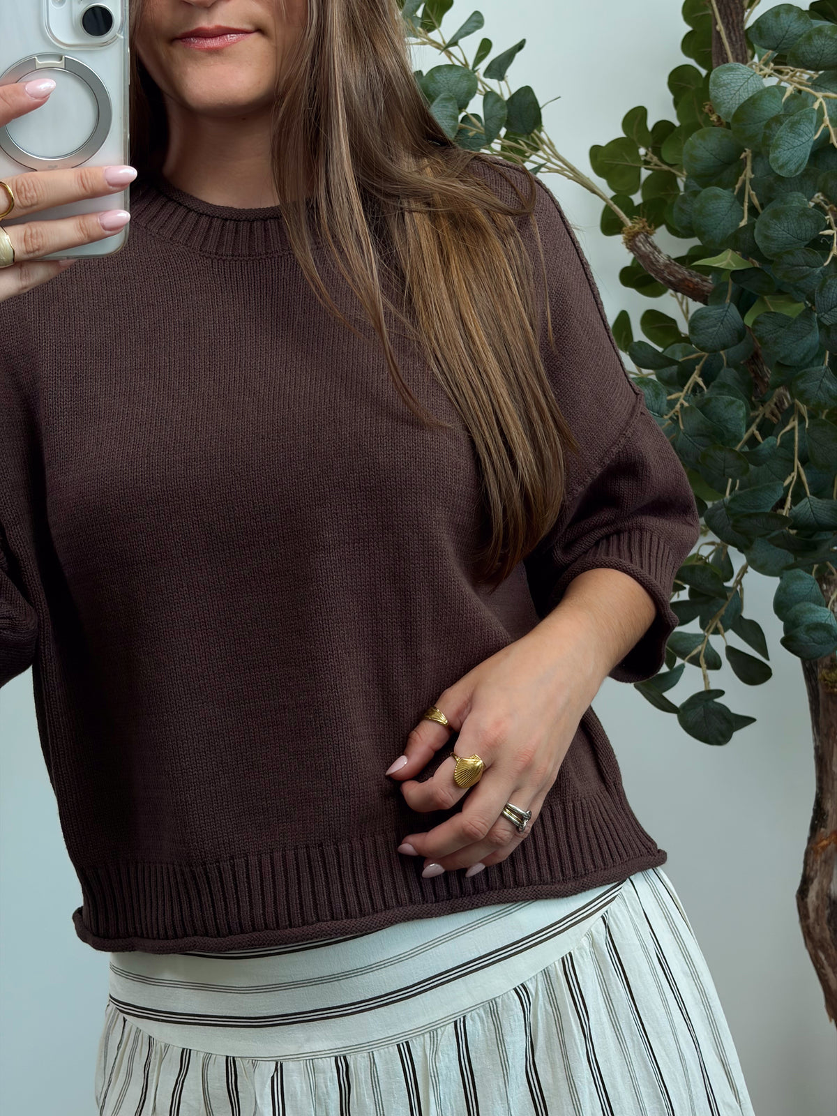Brown Solid Knit Top