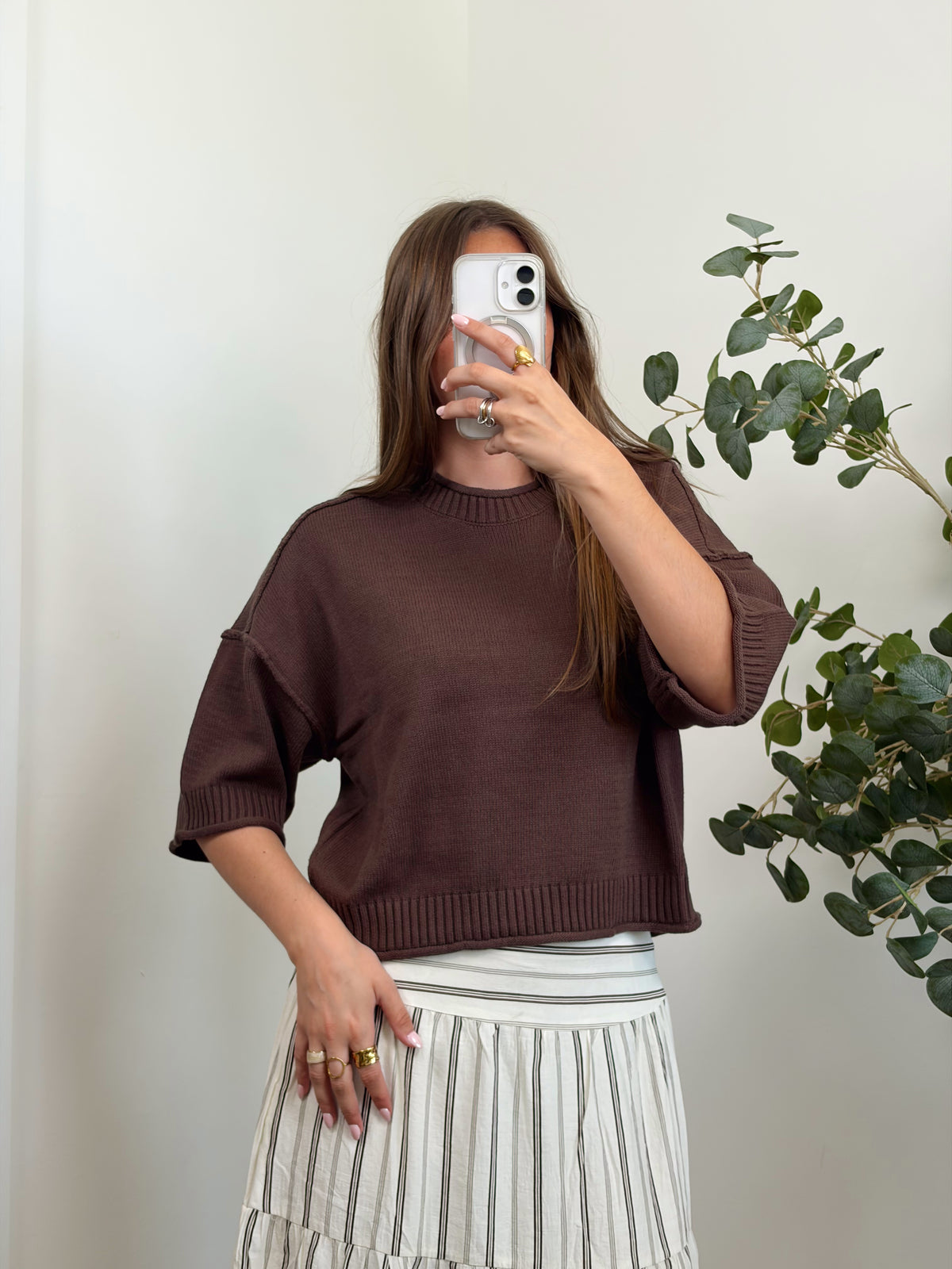 Brown Solid Knit Top