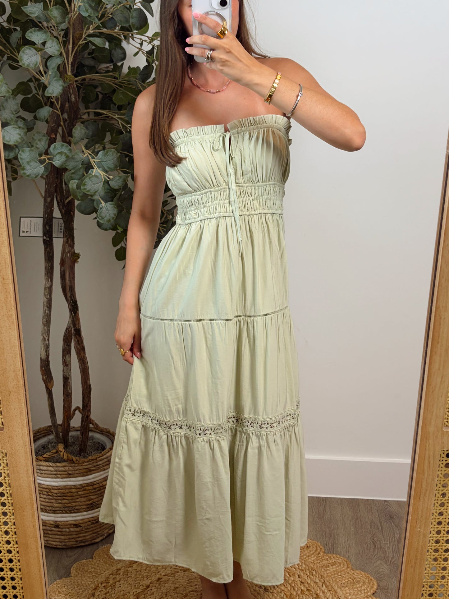 Sage Strapless Eyelet Dress