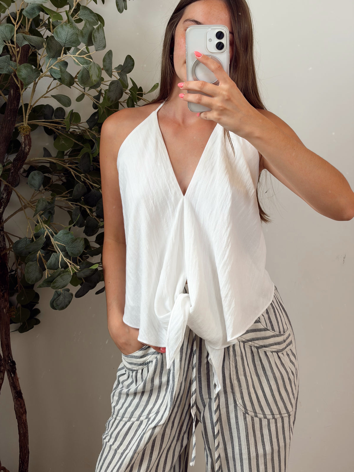 White Linen Tie Top