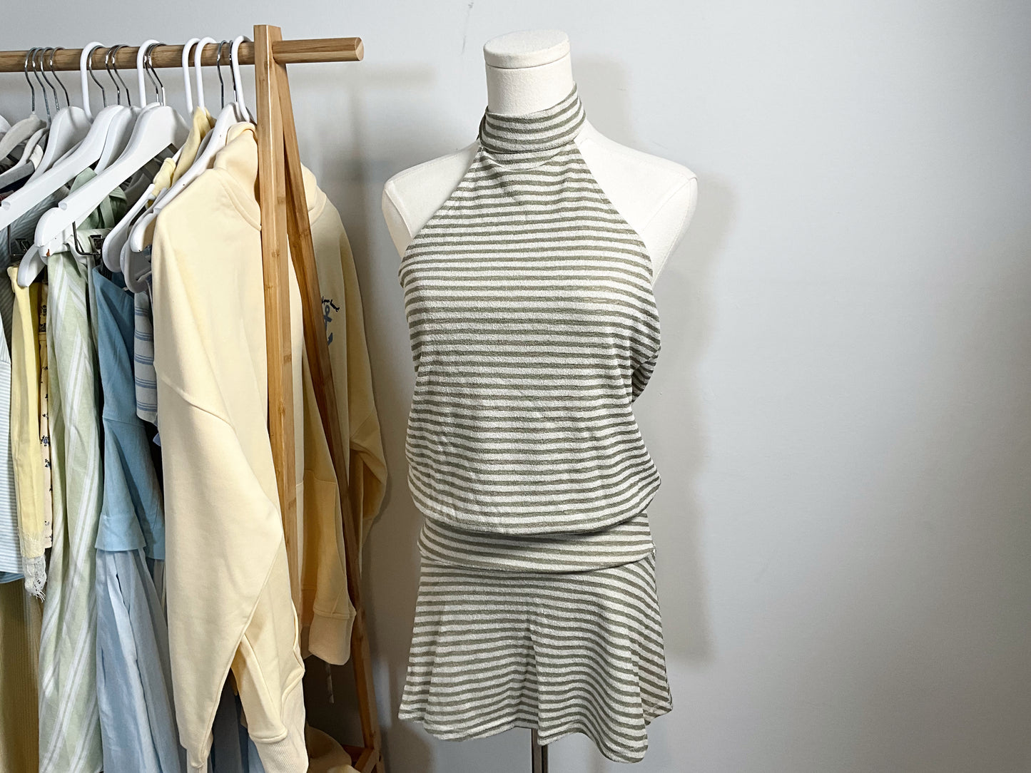 Green stripe terry cloth halter dress