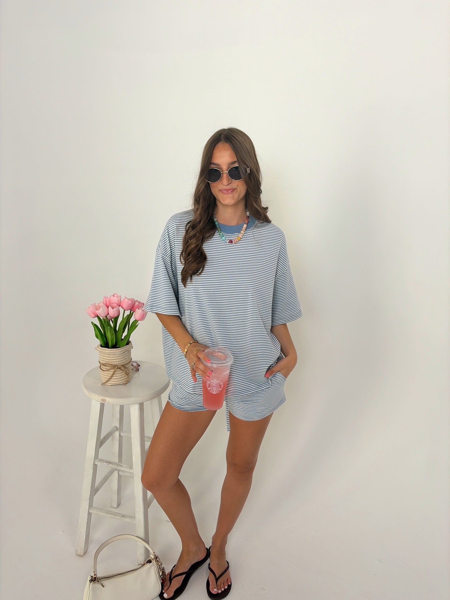 Blue stripe short set