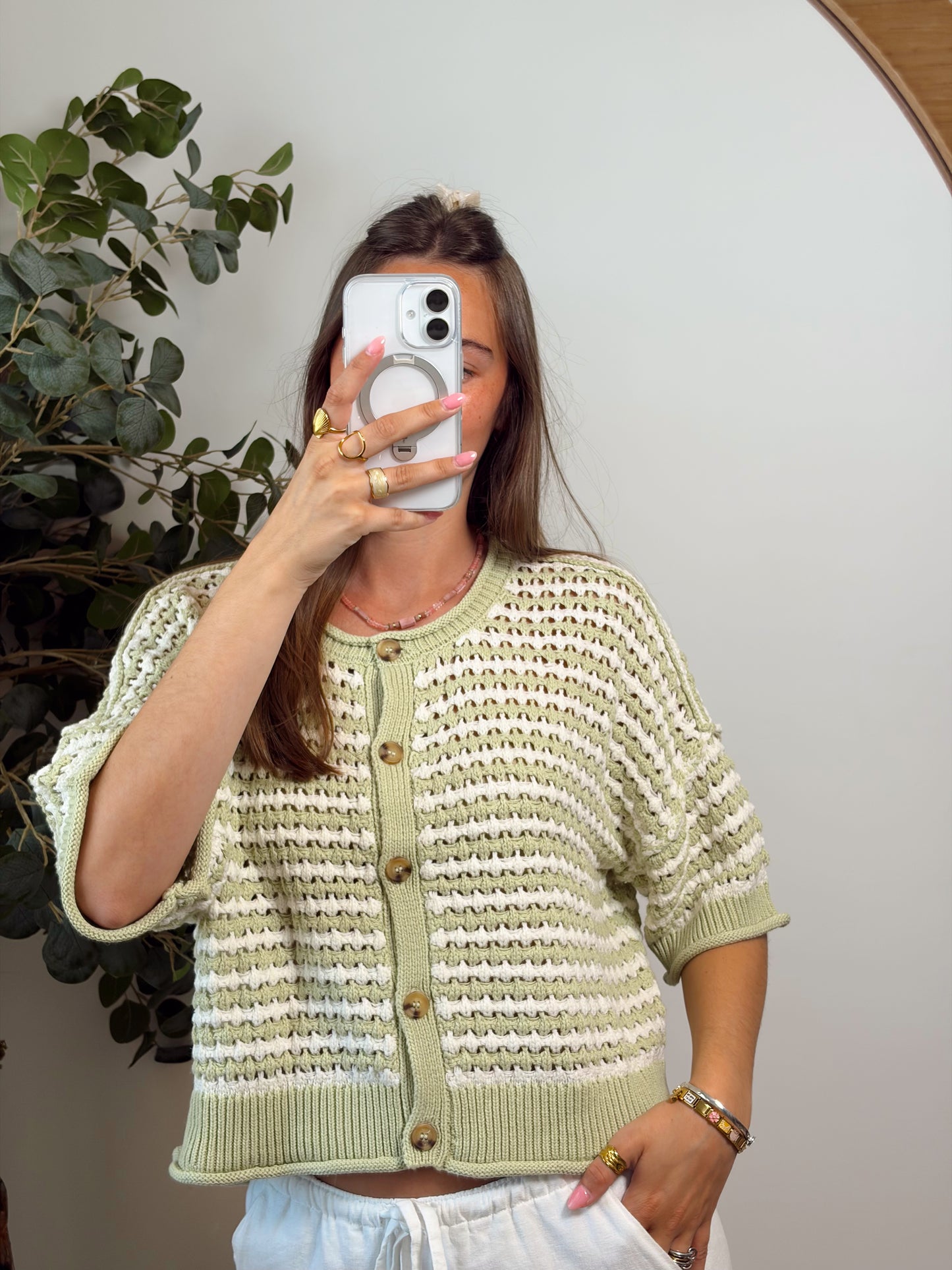 Green/white Knit Cardigan