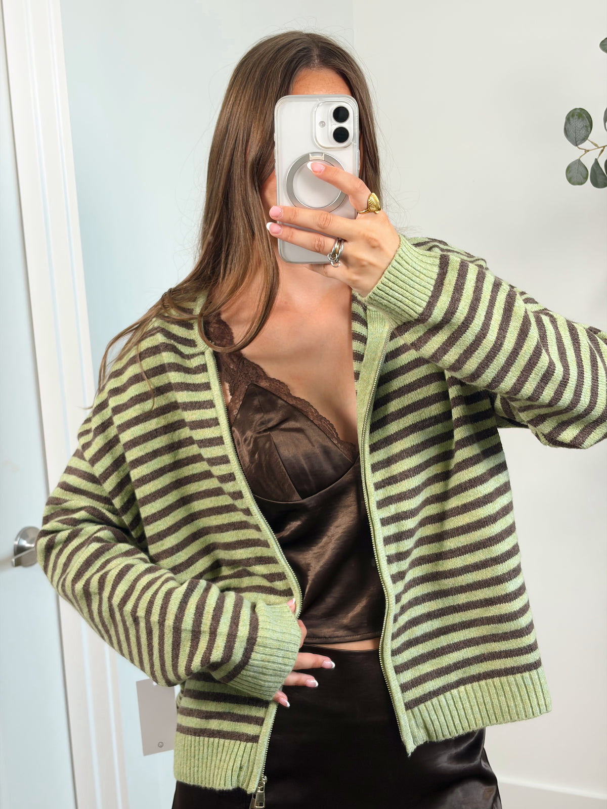 Matcha/brown Double Zipper Hoodie