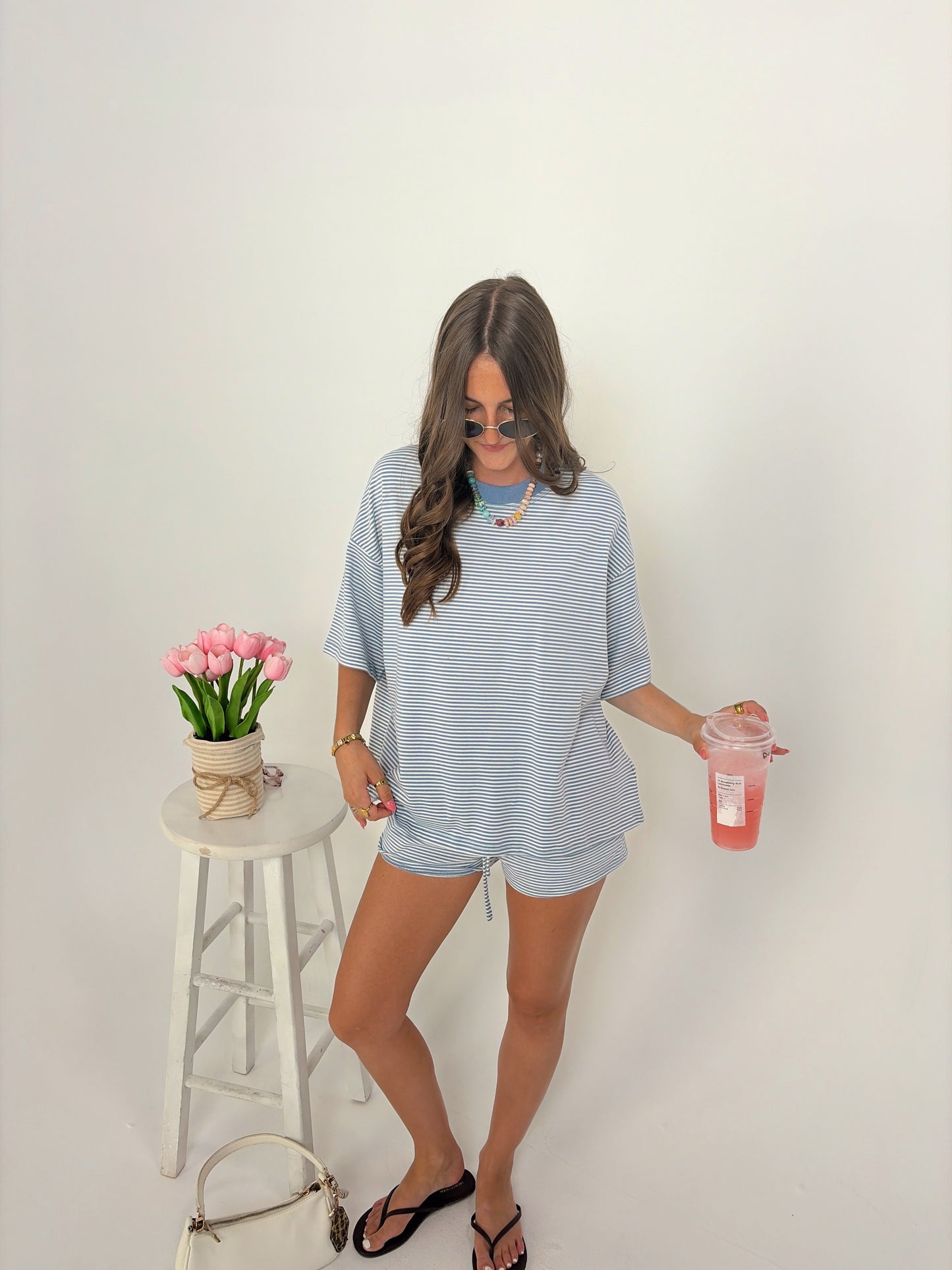 Blue stripe short set
