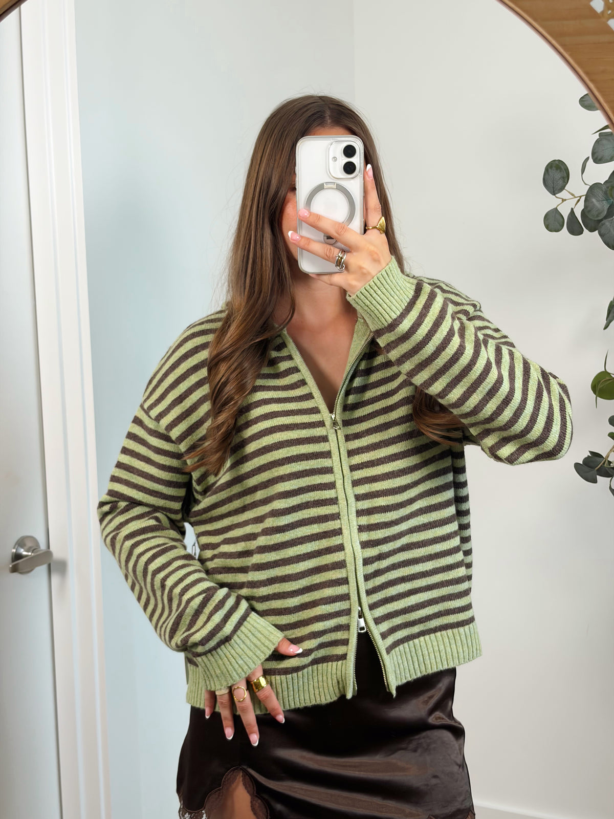 Matcha/brown Double Zipper Hoodie