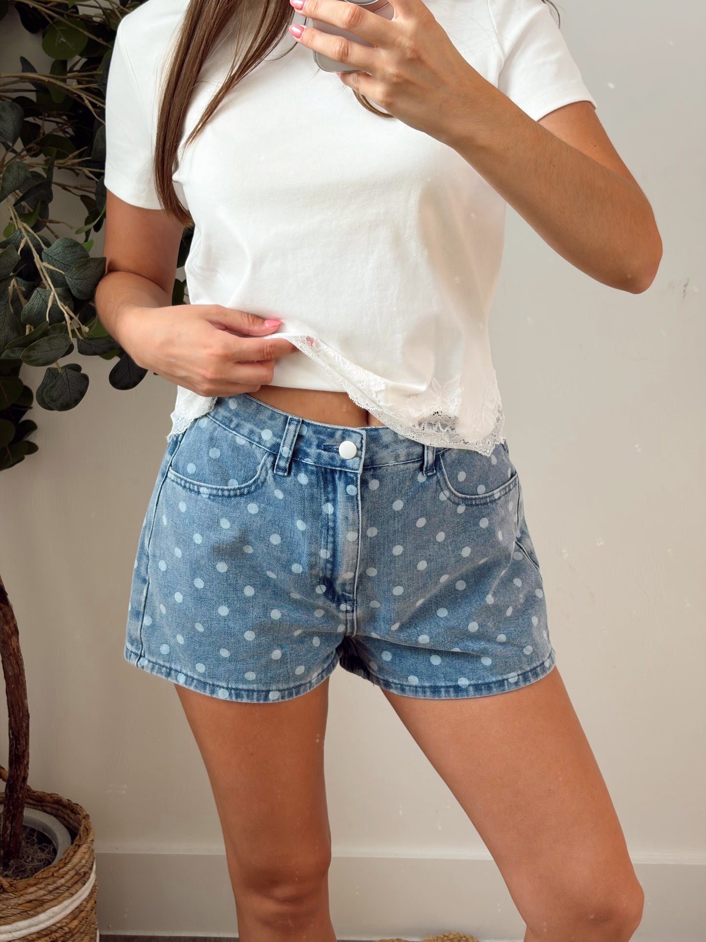 Polka dot denim shorts