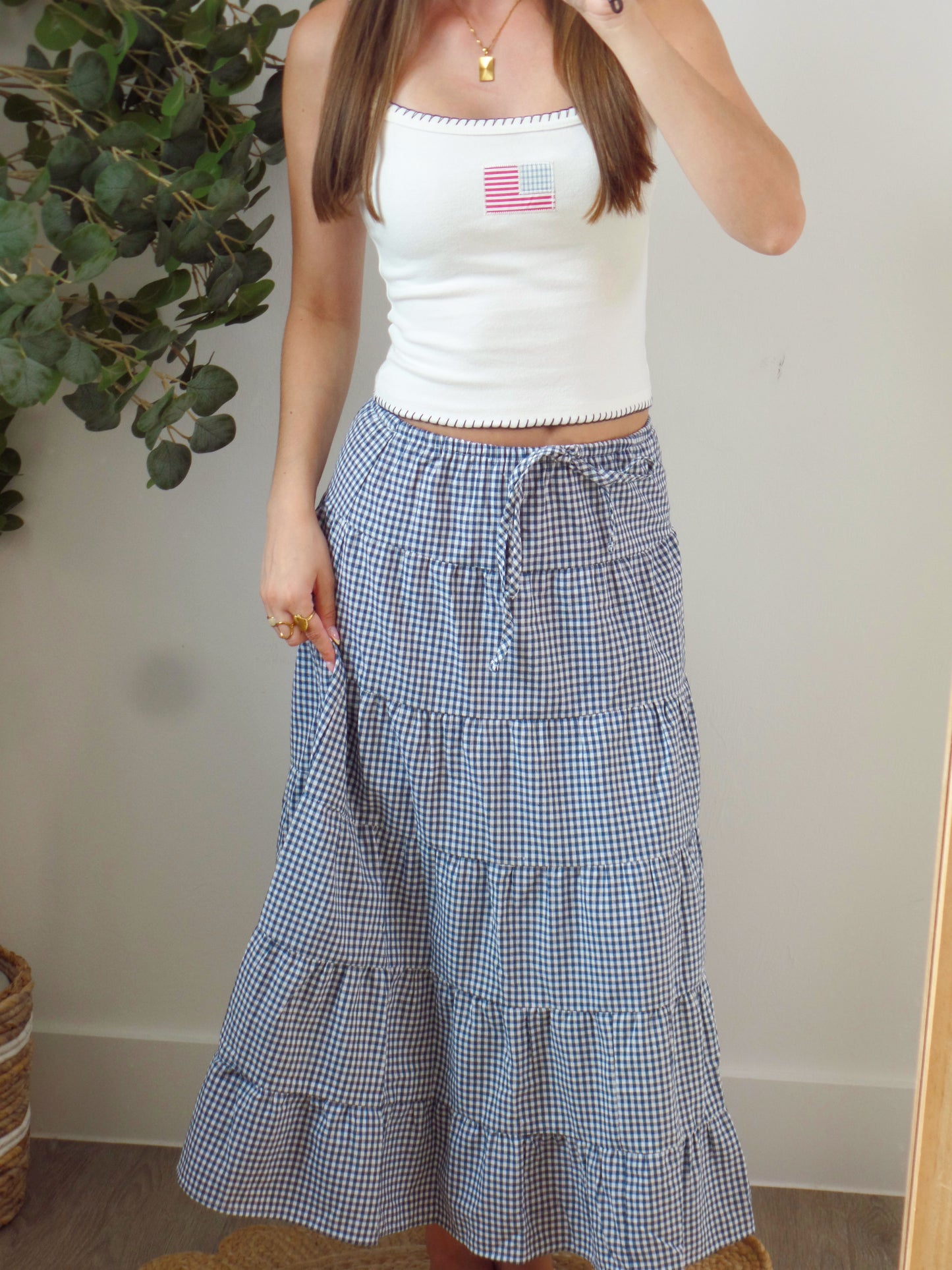 Navy gingham Midi Skirt