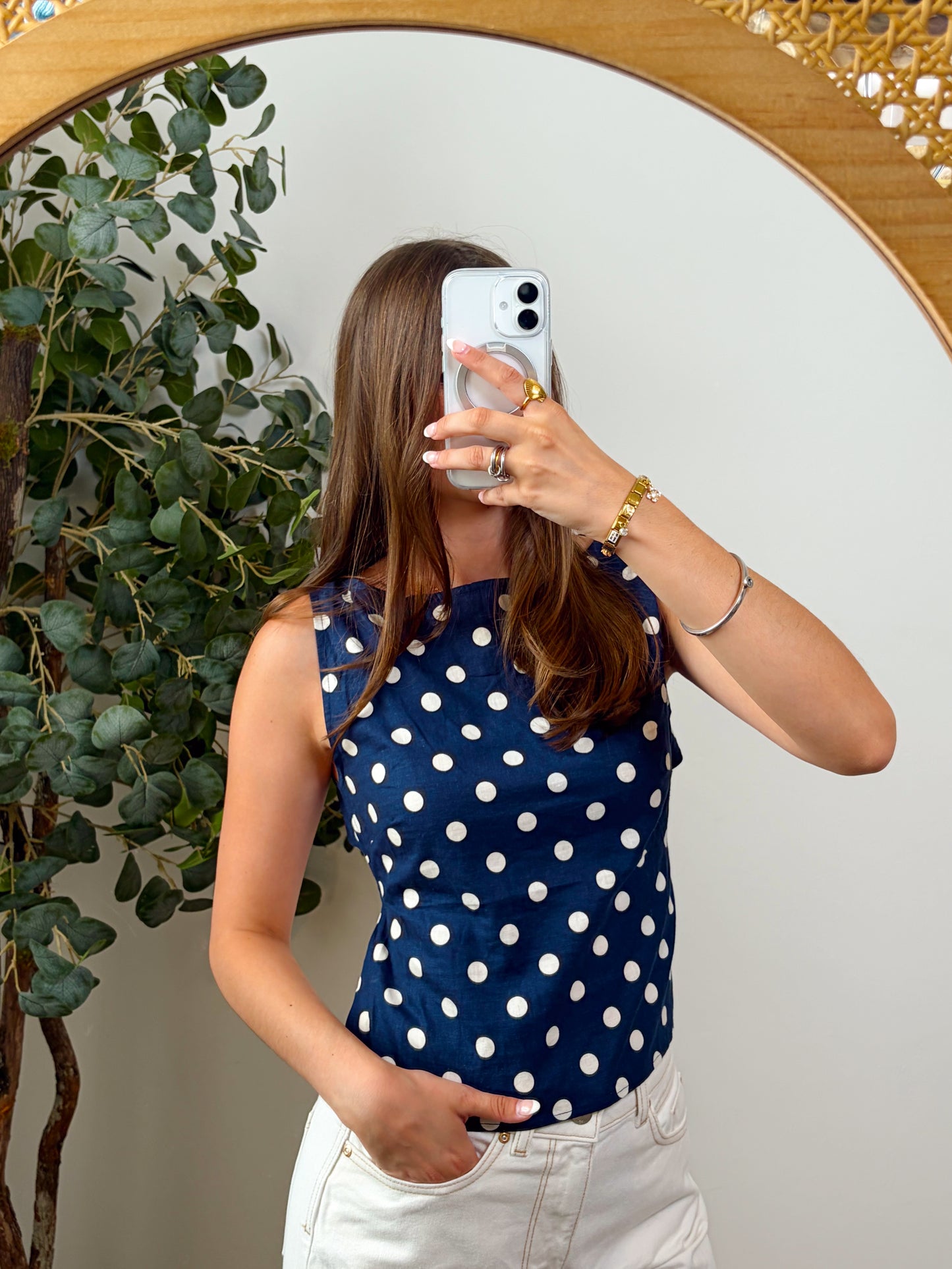 Navy Dot Open Back Top