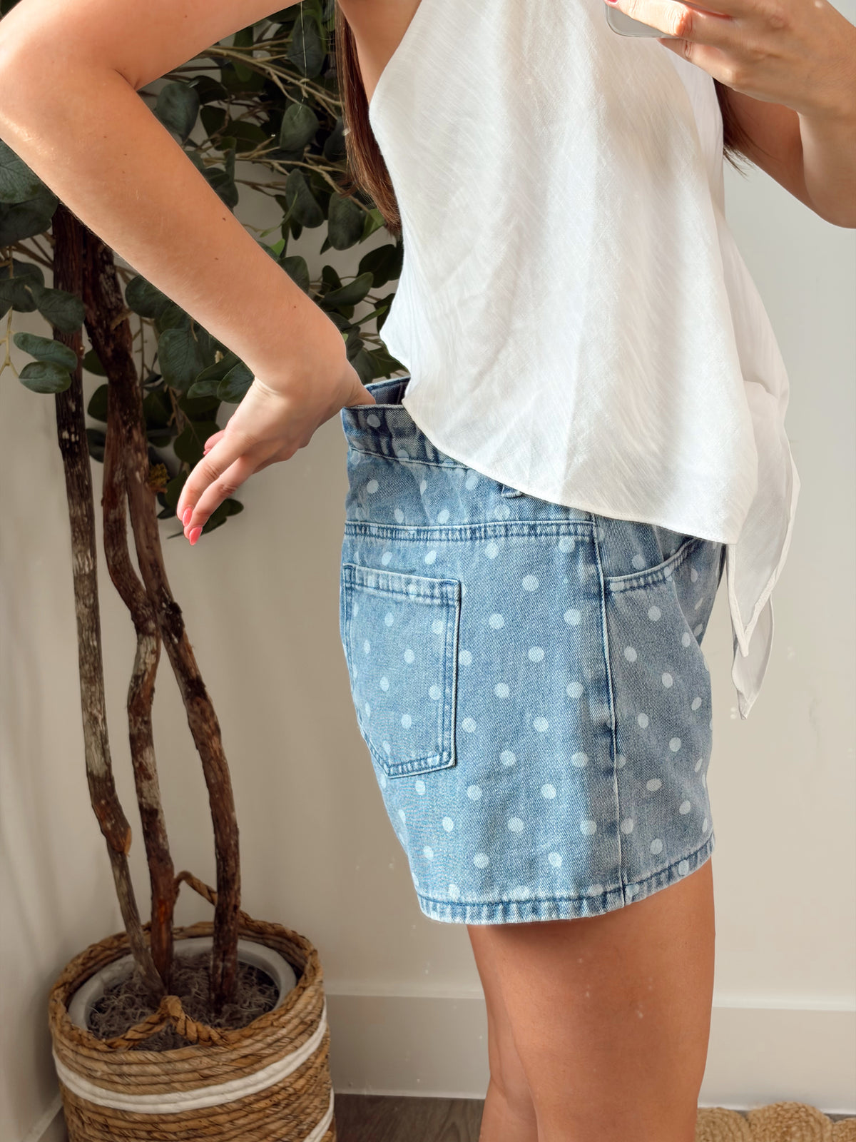 Polka dot denim shorts