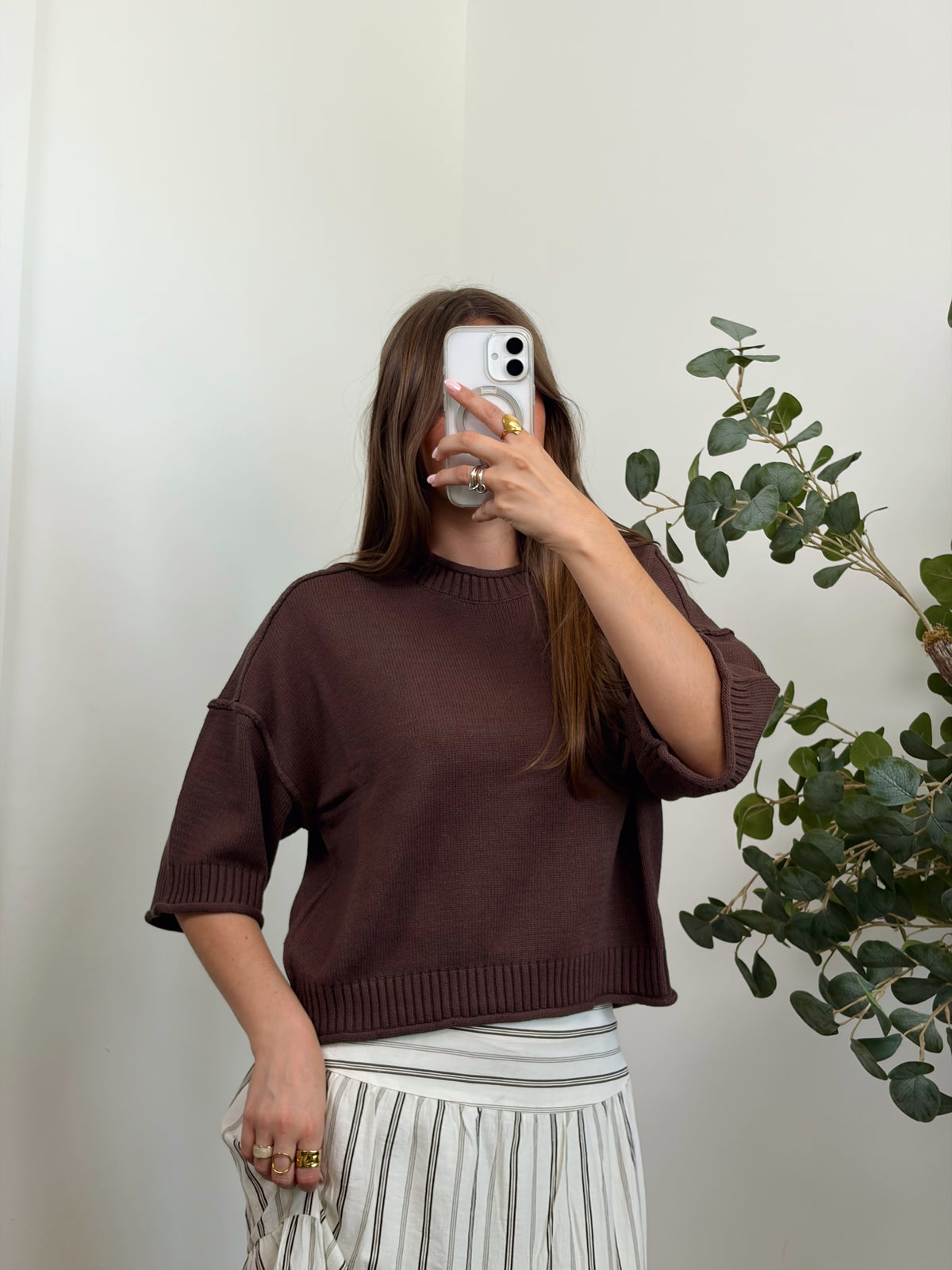 Brown Solid Knit Top