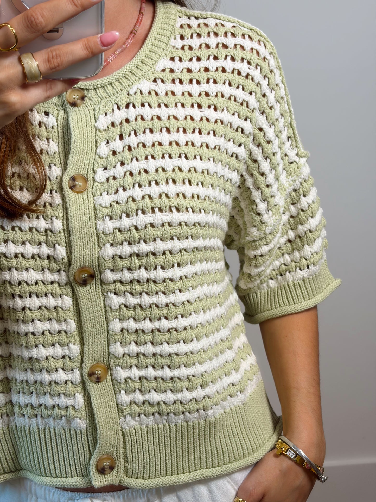 Green/white Knit Cardigan