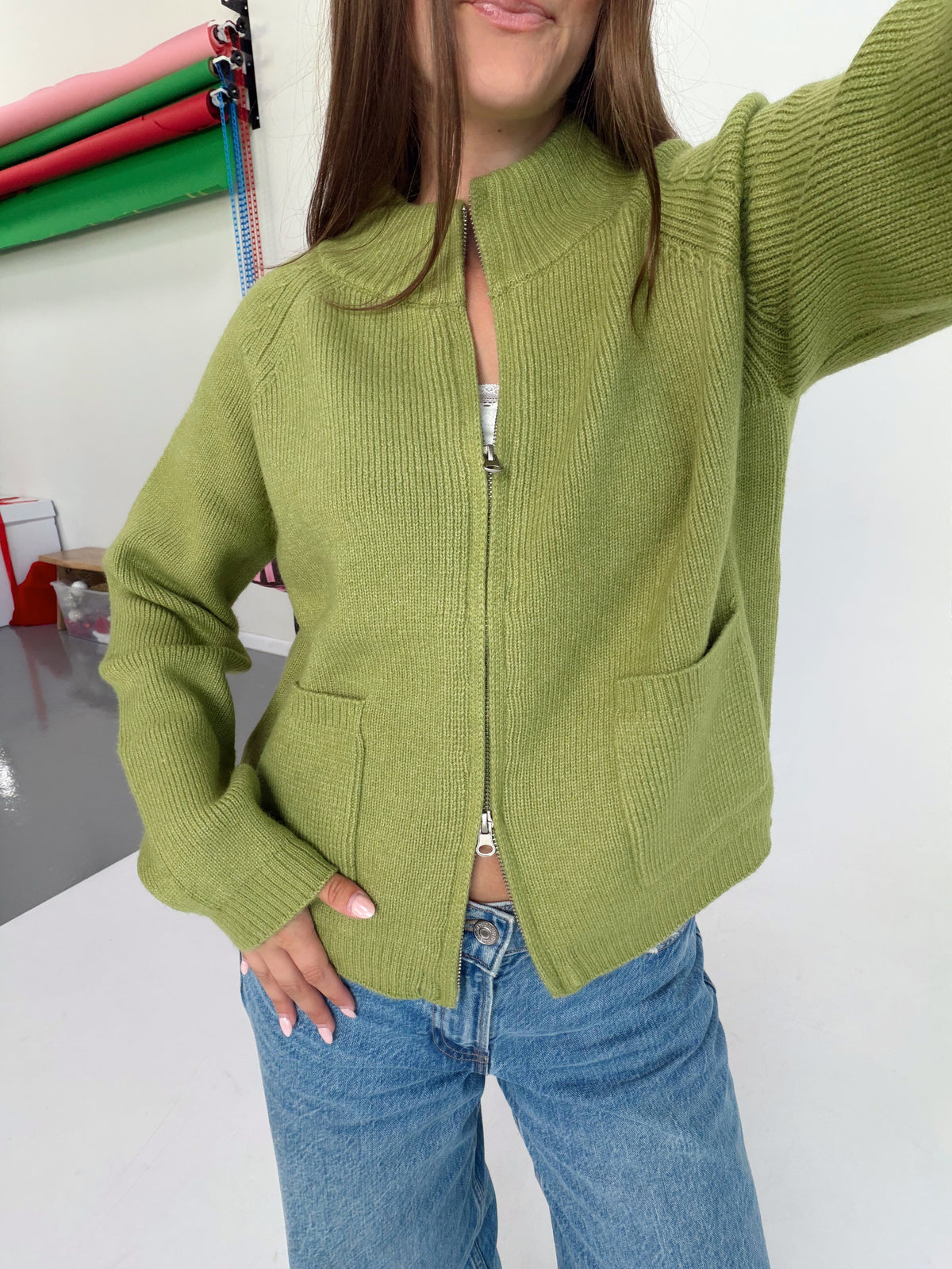 Matcha Mood Double Zipper Sweater