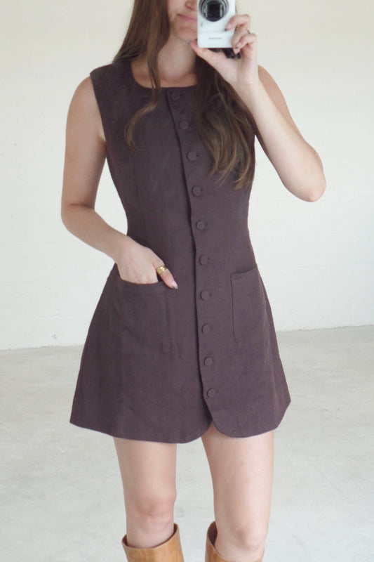 Chocolate Button Linen Dress