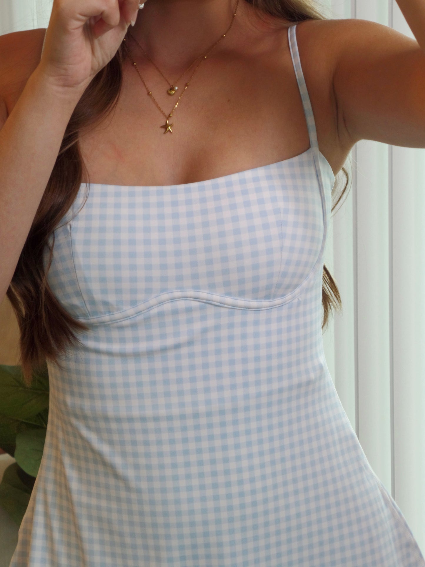 Light Blue Gingham Athletic Romper Dress