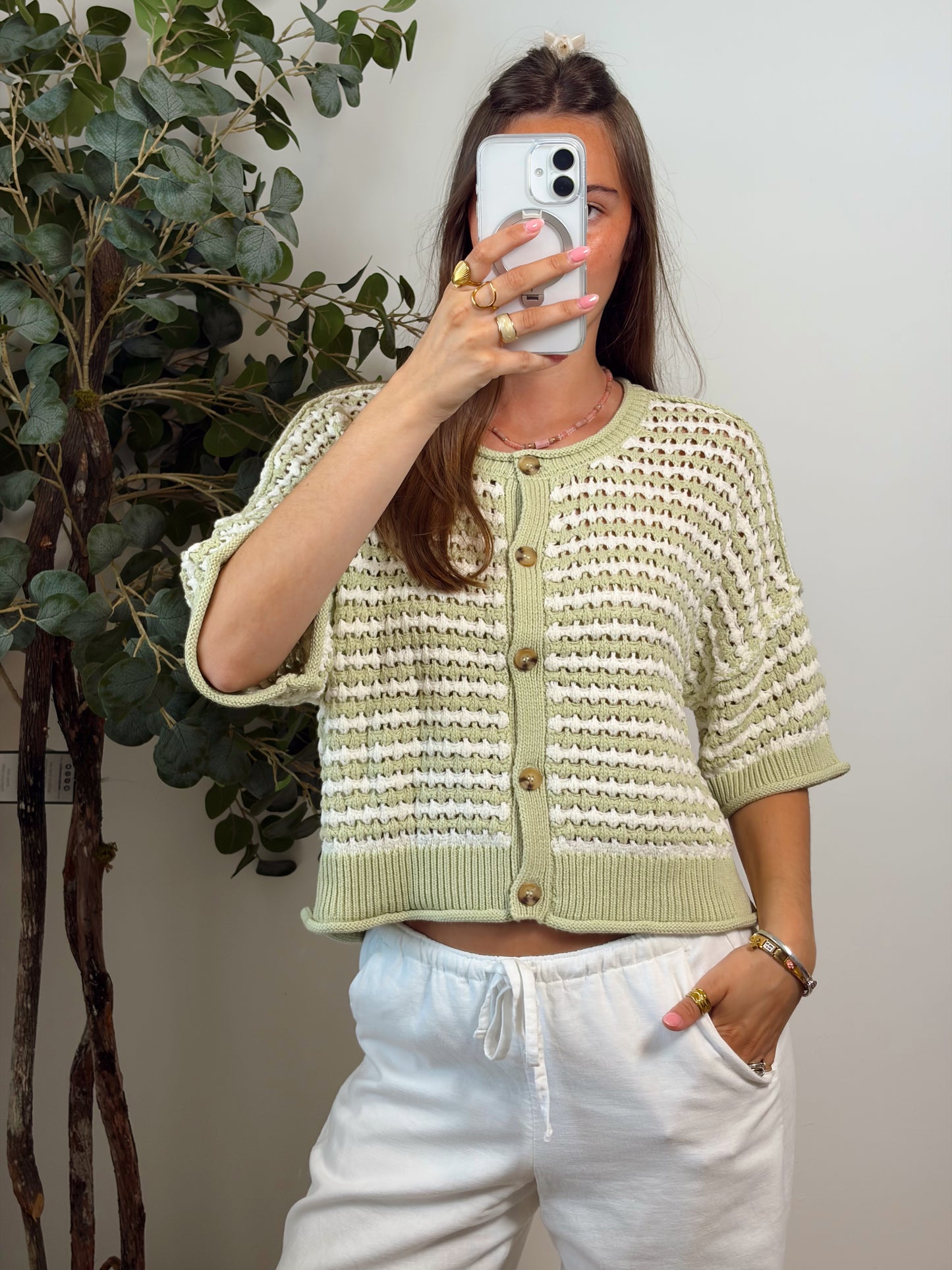 Green/white Knit Cardigan