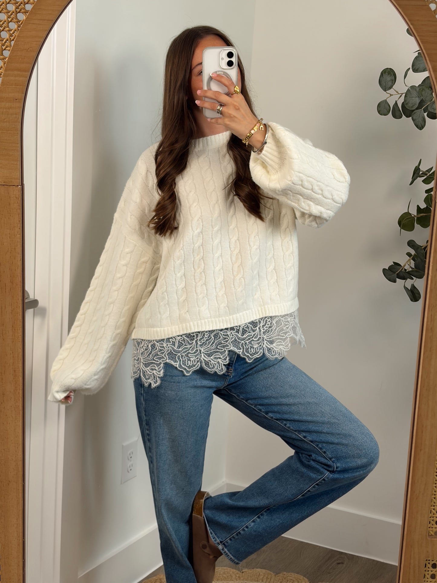 Cozy Cable Knit Lace Sweater