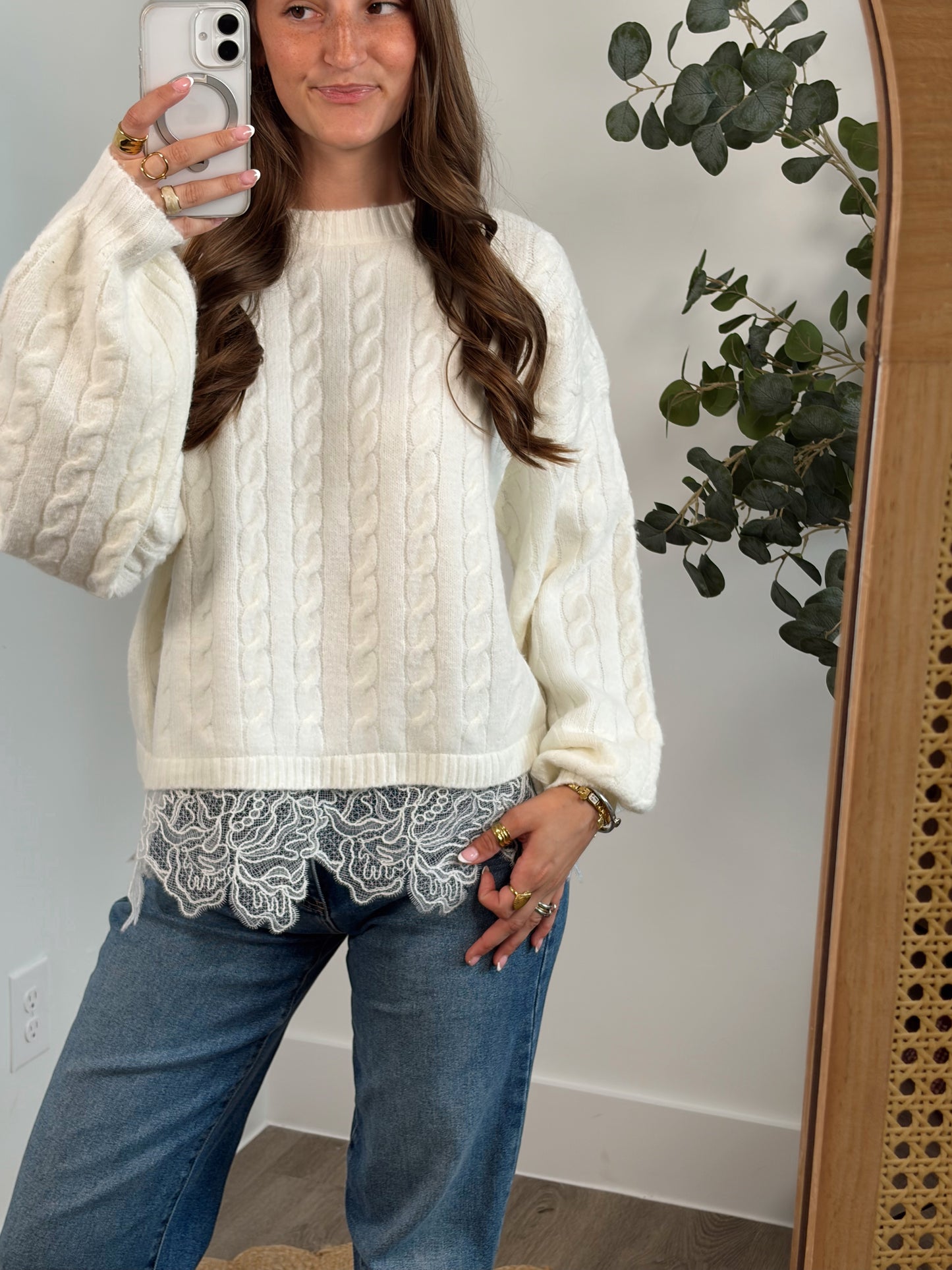 Cozy Cable Knit Lace Sweater