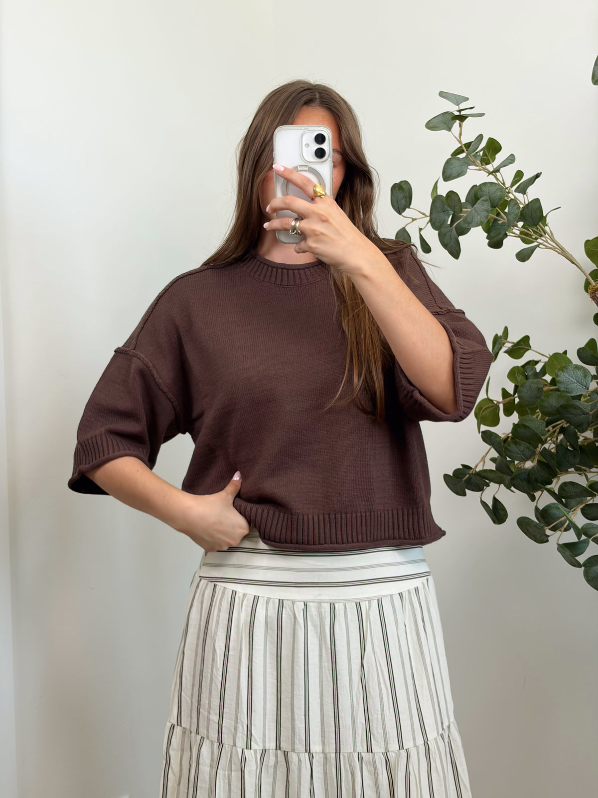 Brown Solid Knit Top