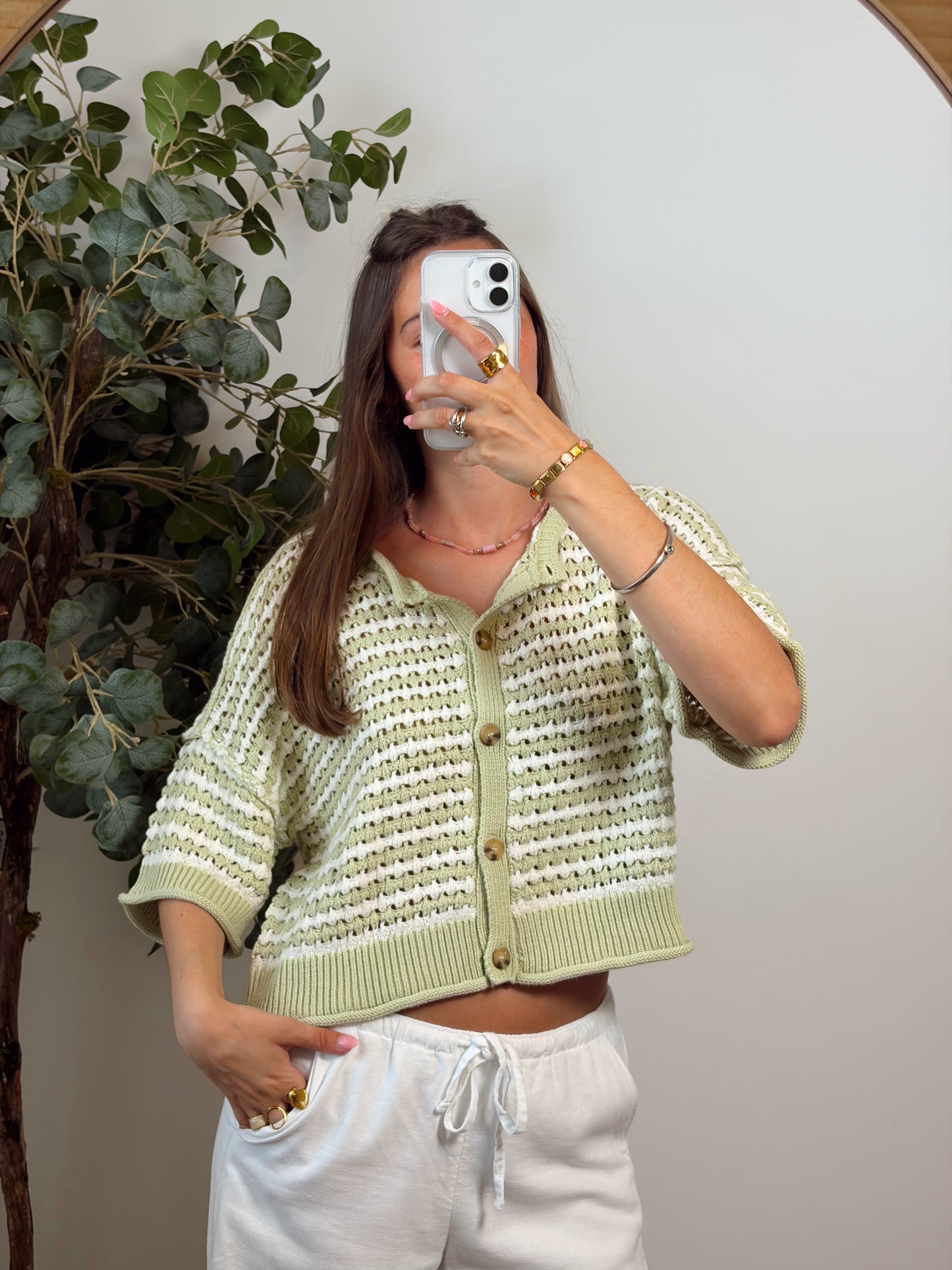 Green/white Knit Cardigan